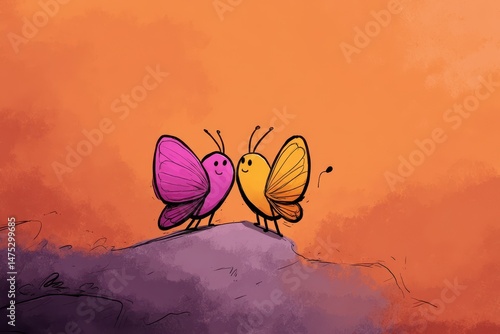 Two whimsical butterflies stand on a rocky outcrop.