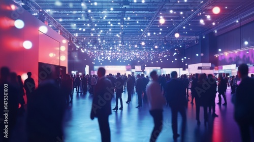Business people mingle at busy trade show. Silhouettes of professionals navigate large hall filled with bright lights, exhibition booths. Event noisy with activity. Indoor venue hosts many visitors.