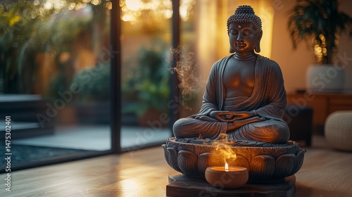 Buddha statue beside a lit candle, room with garden view