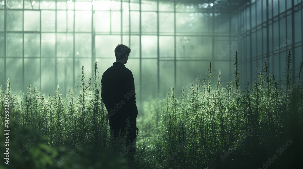 Silhouette figure in overgrown abandoned greenhouse. Silhouette figure in overgrown abandoned greenhouse.
