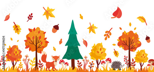 Autumn forest. Set of autumn leaves, trees, mushrooms, berries, animals in flat style. isolated on white background