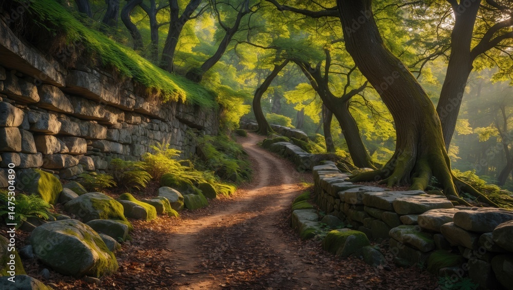Obraz premium Scenic hiking trail through a tranquil forest with rocks and trees