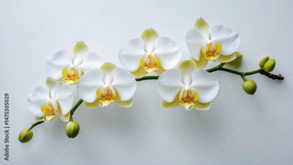 Obraz premium White orchid branch with flowers and green buds against a white background, isolated