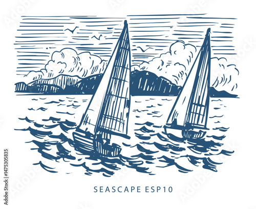 Seascape with yachts, sailing ship, regatta, sketch illustration, drawing, vector, hand drawn, monochrome