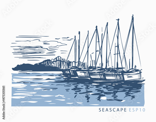 Seascape with yachts, sailing ship, regatta, sketch illustration, drawing, vector, hand drawn, monochrome
