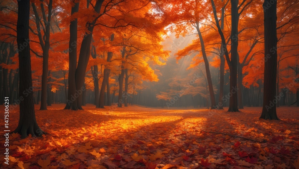 Fototapeta premium Bright and beautiful autumn scene with trees and leaves