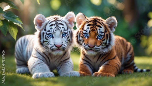 Cubs of white and red tigers together outside