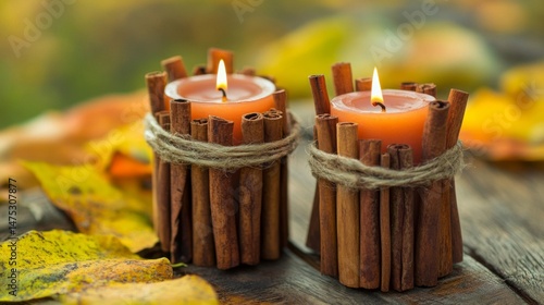 Autumnal Cinnamon Candles on Wooden Surface