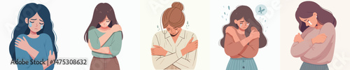 a woman hugging herself while crying style vector flat design