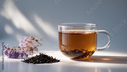 An unclouded glass cup filled with aromatic tea. The tea's warm amber color glimmers in the light, illustrating its revitalizing and soft scent. The clarity of the glass underscores