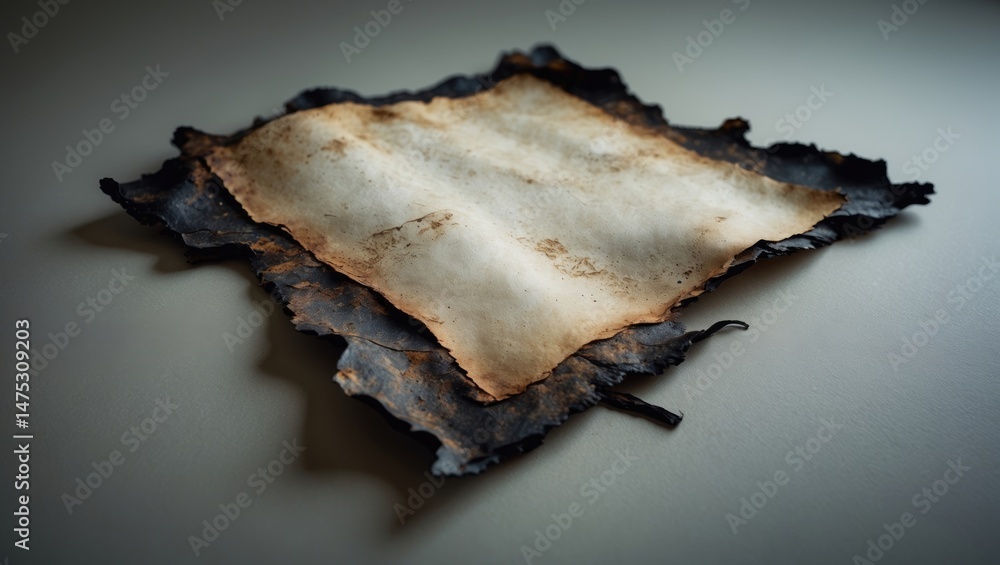 Fototapeta premium Worn-out, yellowed document with burnt and tattered borders