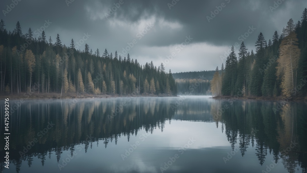 Fototapeta premium Nature's Reflection: Glacial Lake and Spruce Forest Line with Scenic Symmetry