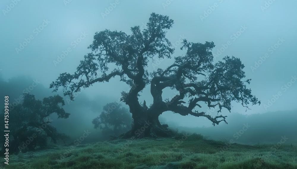 Obraz premium Misty landscape featuring a large, ancient tree.