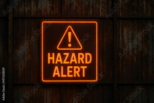 A glowing orange hazard alert sign displayed on a textured surface, emphasizing safety and awareness. The sign warns of potential dangers, highlighting the importance of caution.