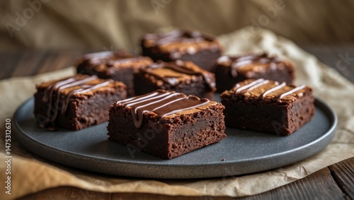 Dark chocolate dessert with cocoa and caramel - closeup of baked brownies