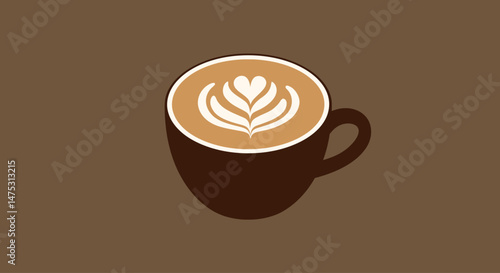 Flat vector icon of an artisan coffee cup with heart-shaped latte art, great for café branding, specialty drinks menus, and coffee-related apps or visuals.