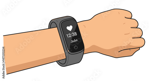 Outlined vector icon of a smart wearable fitness tracker on a wrist, ideal for health apps, activity monitoring, wearable tech, fitness brands, and wellness device interfaces.