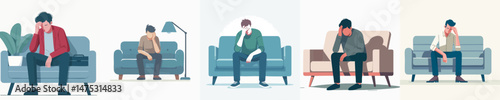 a man sitting on a sofa with a lost expression style vector flat design