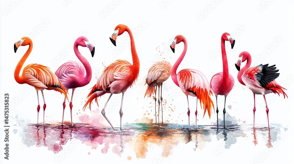 Obraz premium Diverse Flamingos Set on White Background for Elegant Designs