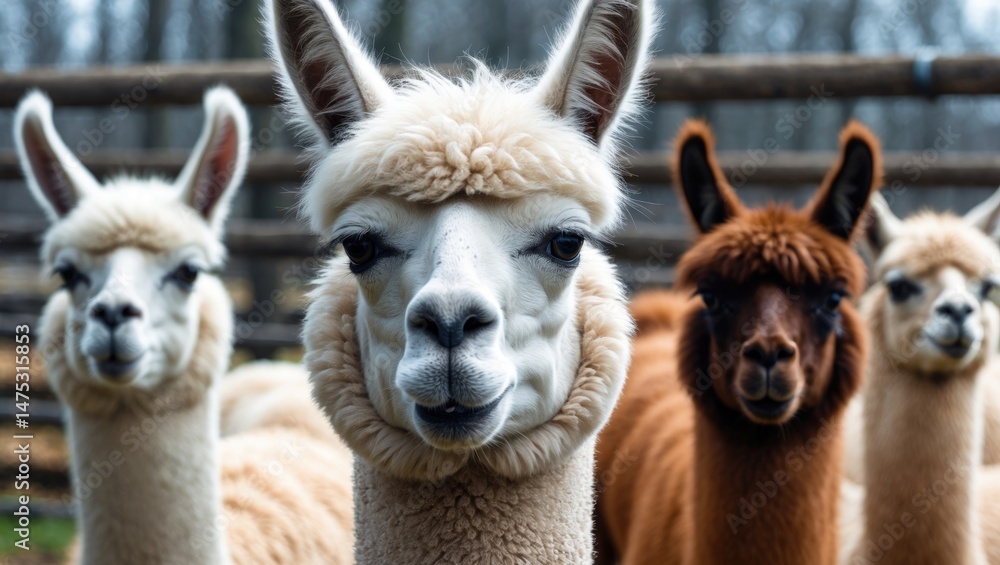 Obraz premium Cute alpaca's face with white wool and furry features, outdoor nature background