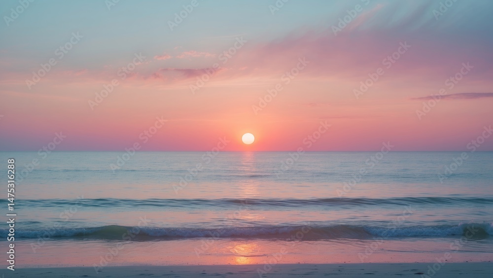 Vivid sunset sky and serene ocean view along the beach at dusk Vivid sunset sky and serene ocean view along the beach at dusk