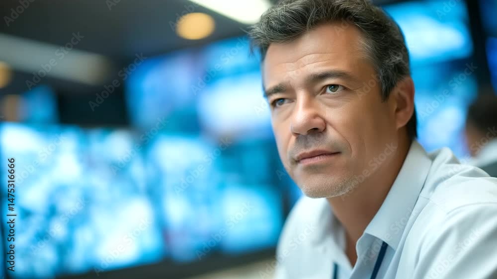 A focused Hispanic security expert monitors multiple screens in a high-tech control room. A focused Hispanic security expert monitors multiple screens in a high-tech control room.