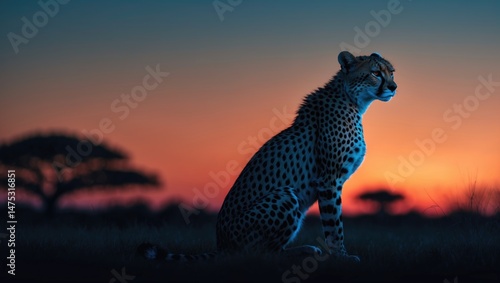 Nighttime vertical silhouette of a female cheetah focusing left in Africa
