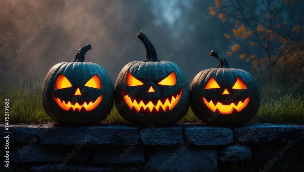 Three frightful jack-o'-lanterns with devilish smiles, glowing eerily to create a backdrop for an exhilarating night of spooks and pleasures. Three frightful jack-o'-lanterns with devilish smiles, glowing eerily to create a backdrop for an exhilarating night of spooks and pleasures.