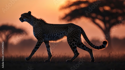 Wildlife safari silhouette of a female cheetah at dusk in Africa