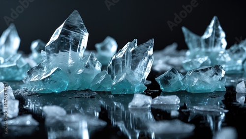 Scattered pieces of crushed ice cubes on the background.