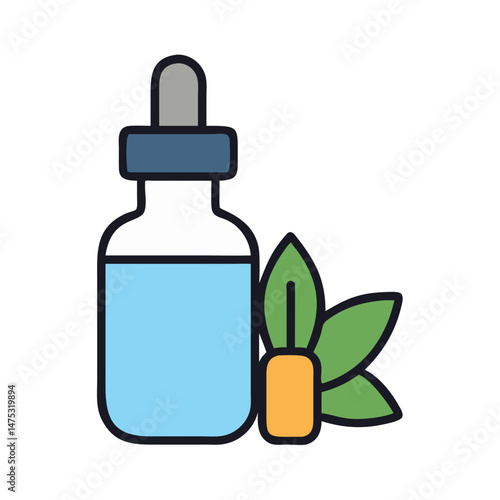 CBD oil bottle with leaves on black background icon