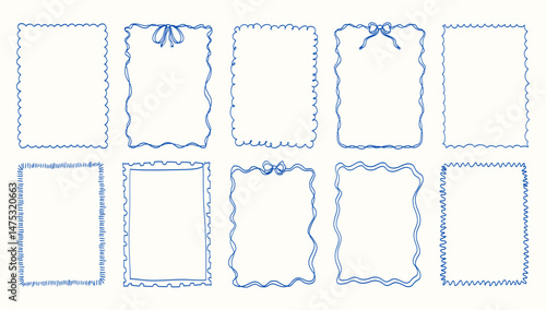 The blue frames are all different sizes and shapes. They are all lined up in a row