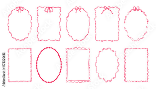 A set of red framed shapes with a bow. The shapes are all different sizes and are arranged in a row