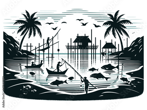 Stilt Fishing Vector Icon Pack