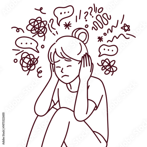 Sad young woman sitting with head in hands overwhelmed by anxiety depression, emotional struggles and mental health problems drawn in minimalist black line art style emphasizing sadness and inner pain