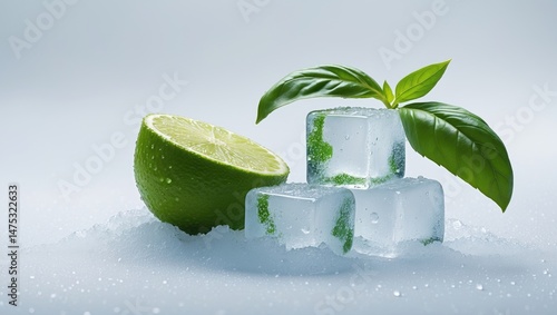Isolated background with ice cubes, basil leaves, and a lime wedge