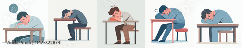 a man leaning his head on the table with a sad expression style vector flat design