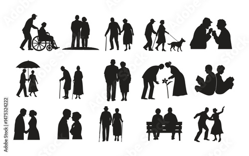 Elderly Couple Silhouette Vector Set – Companionship, Care & Everyday Moments.