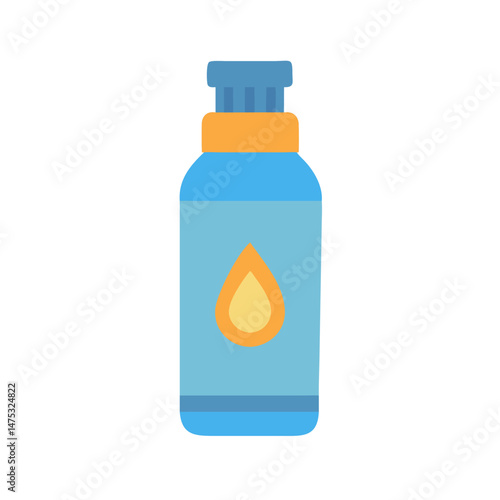Blue bottle with orange accent and liquid drop icon