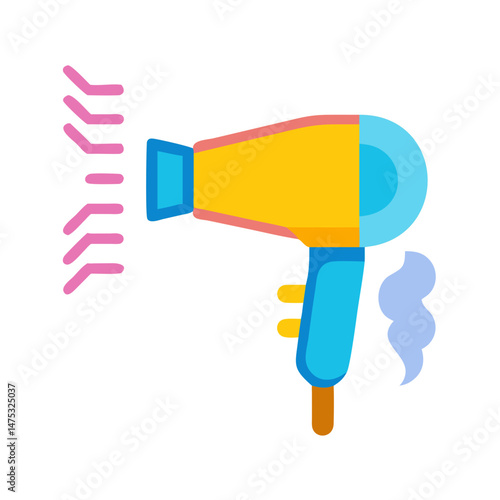 Modern hair dryer emitting pink air on black background