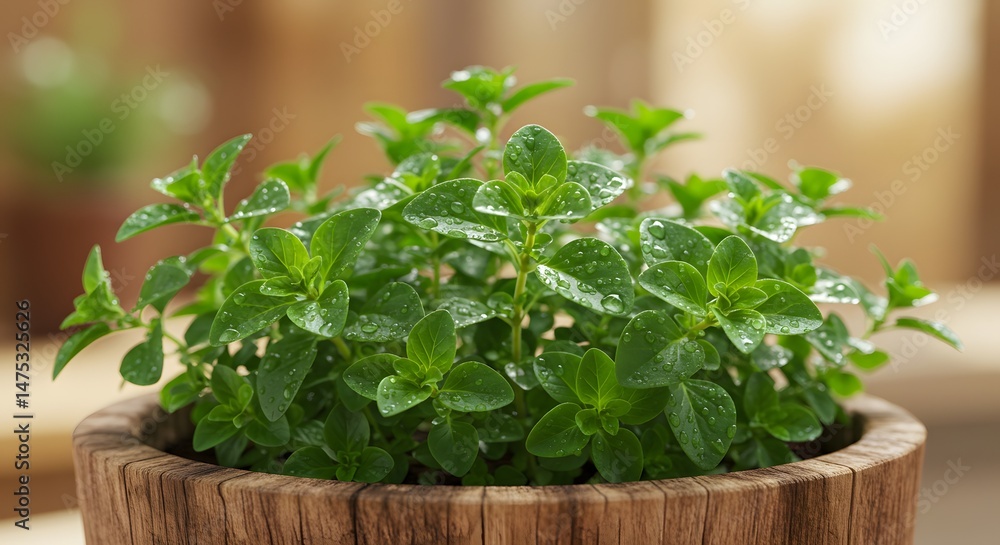 Fototapeta premium Fresh Oregano Growing in Wood Pot with Water Droplets