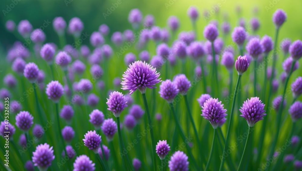 Obraz premium Close-up of flowering chives surrounded by blooming flora and fresh garden vegetables