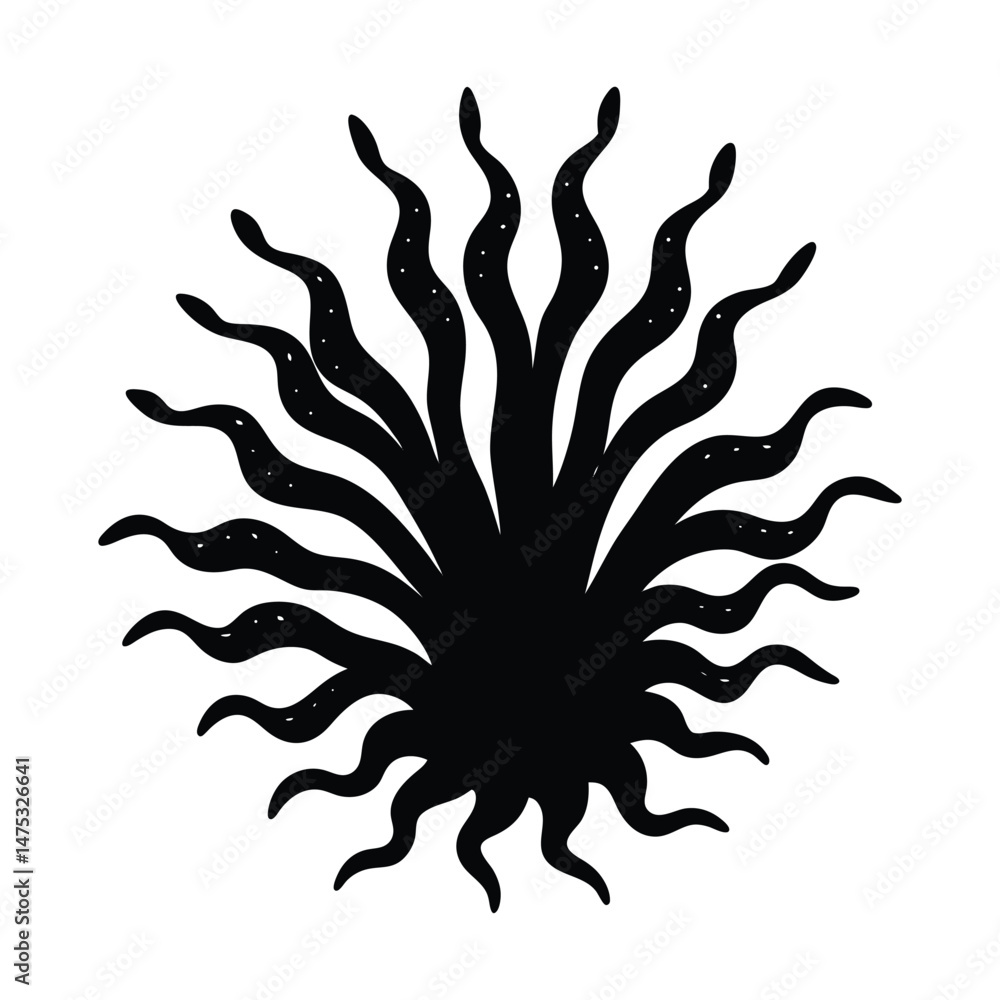 Fototapeta premium Black silhouette of stylized sun with wavy rays vector illustration
