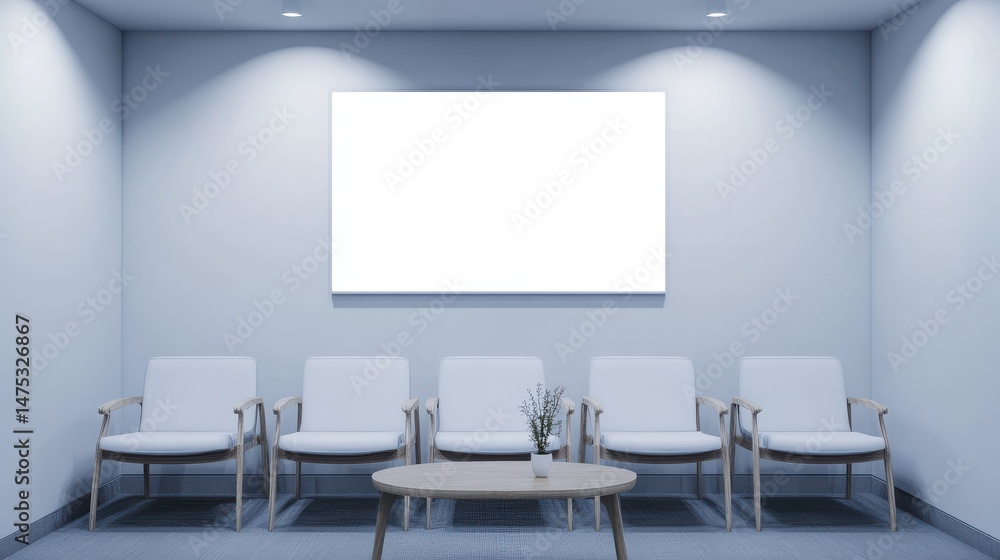 Fototapeta premium Comfortable waiting area with chairs, coffee table and blank billboard on wall. Presentation and lifestyle concept. 3D Rendering illustration , no logos, no brands