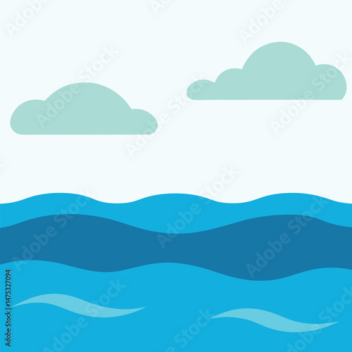 Simple ocean scene with blue waves and clouds vector illustration