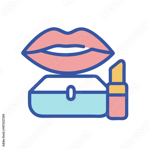 Cosmetic illustration of lipstick, powder and lips on black