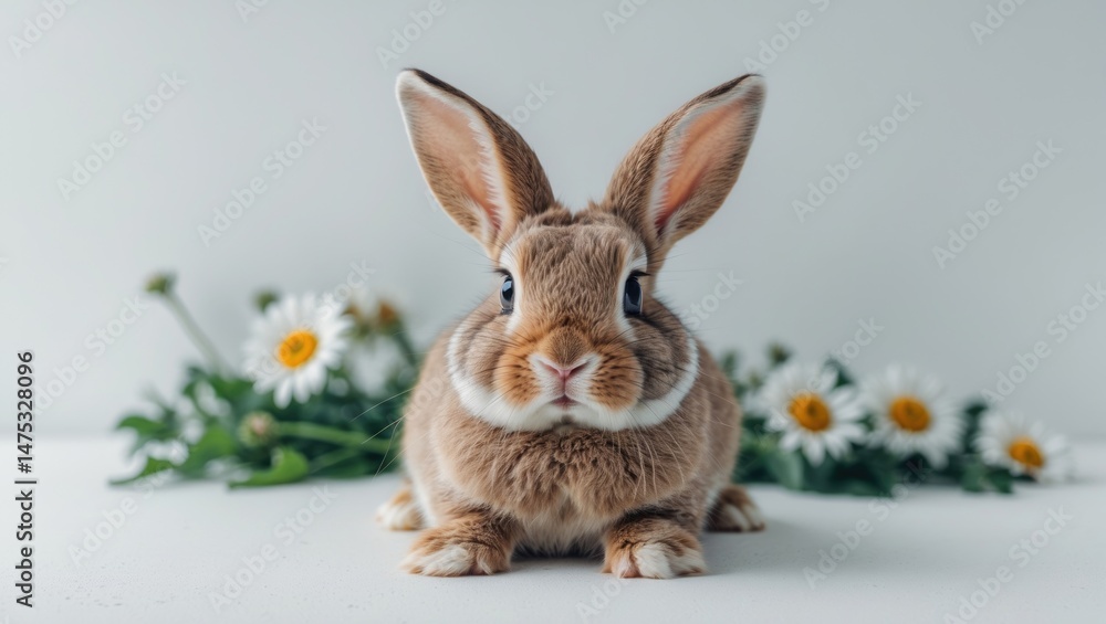 Fototapeta premium Sweet baby rabbit resting in a lush garden filled with daisies and natural scenery