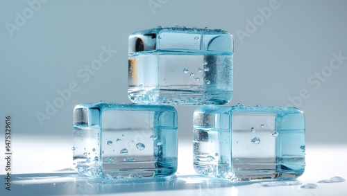 Three ice cubes displayed on a white canvas.