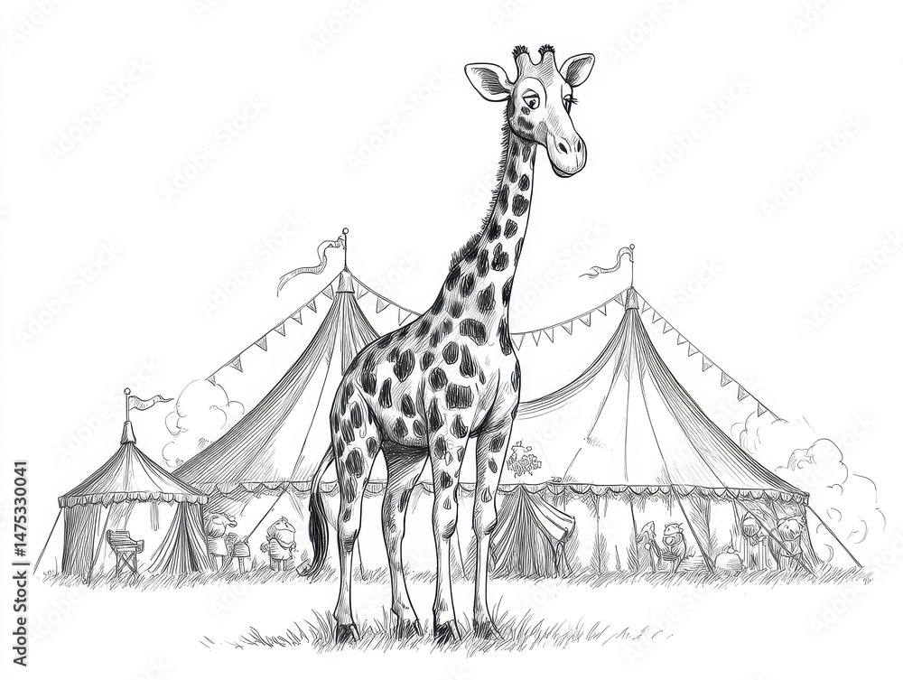 Obraz premium Monochrome illustration of a giraffe in front of circus tents.