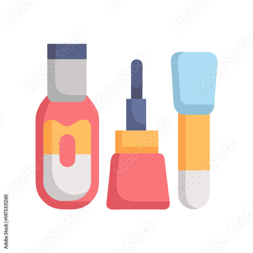 Cosmetic products: bottle of nail polish, cuticle oil, applicator